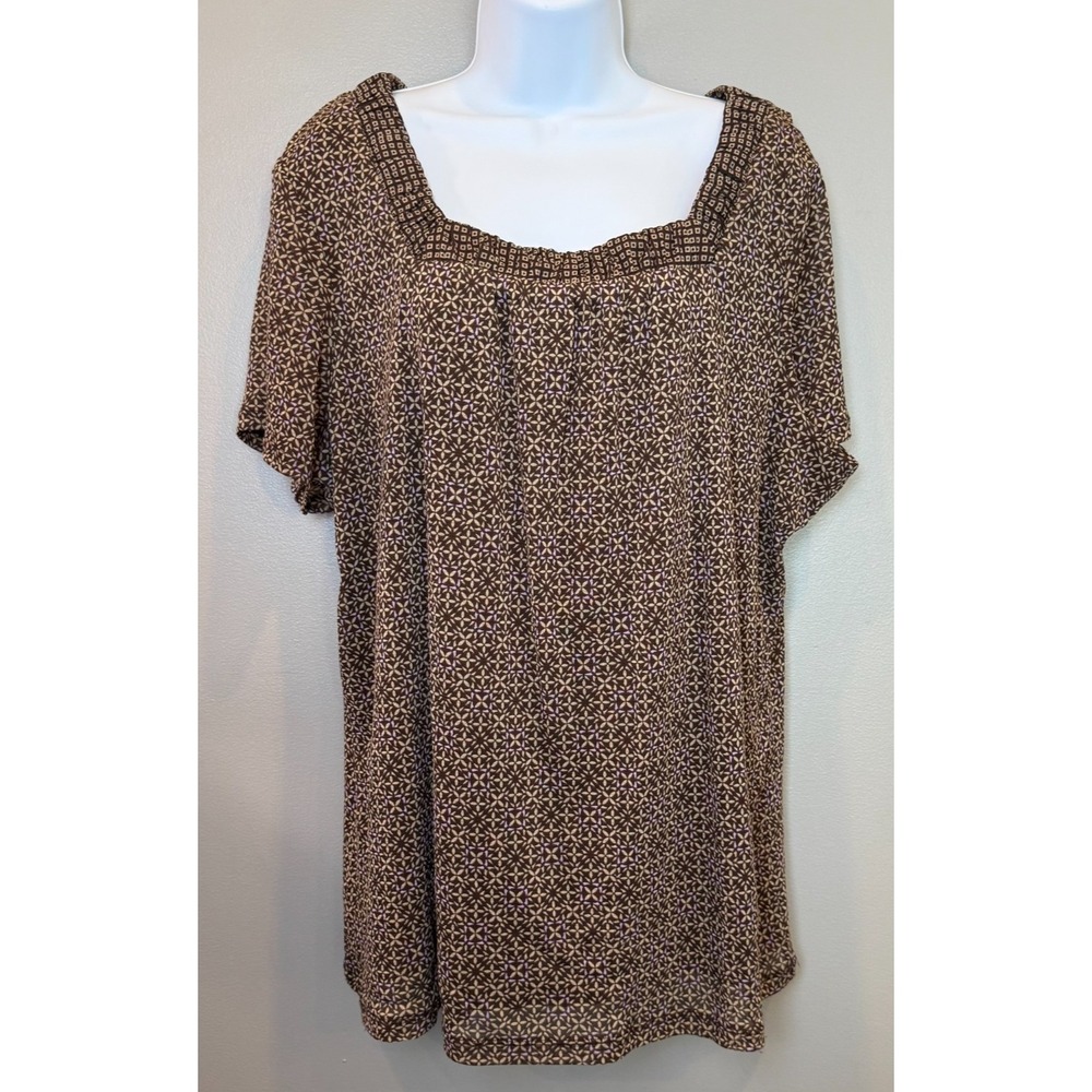 Croft & Barrow Women's 3X Brown Geometric Print Square Neck Lined Blouse Top
